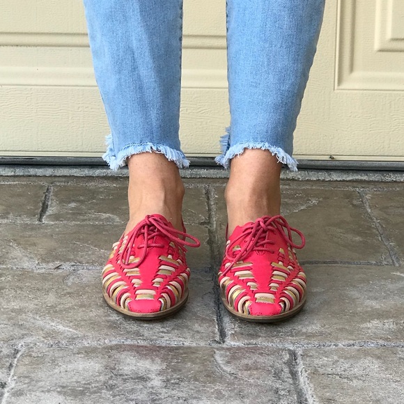 Boho Pink Leather Woven Huarache Oxford Loafers - Picture 2 of 6